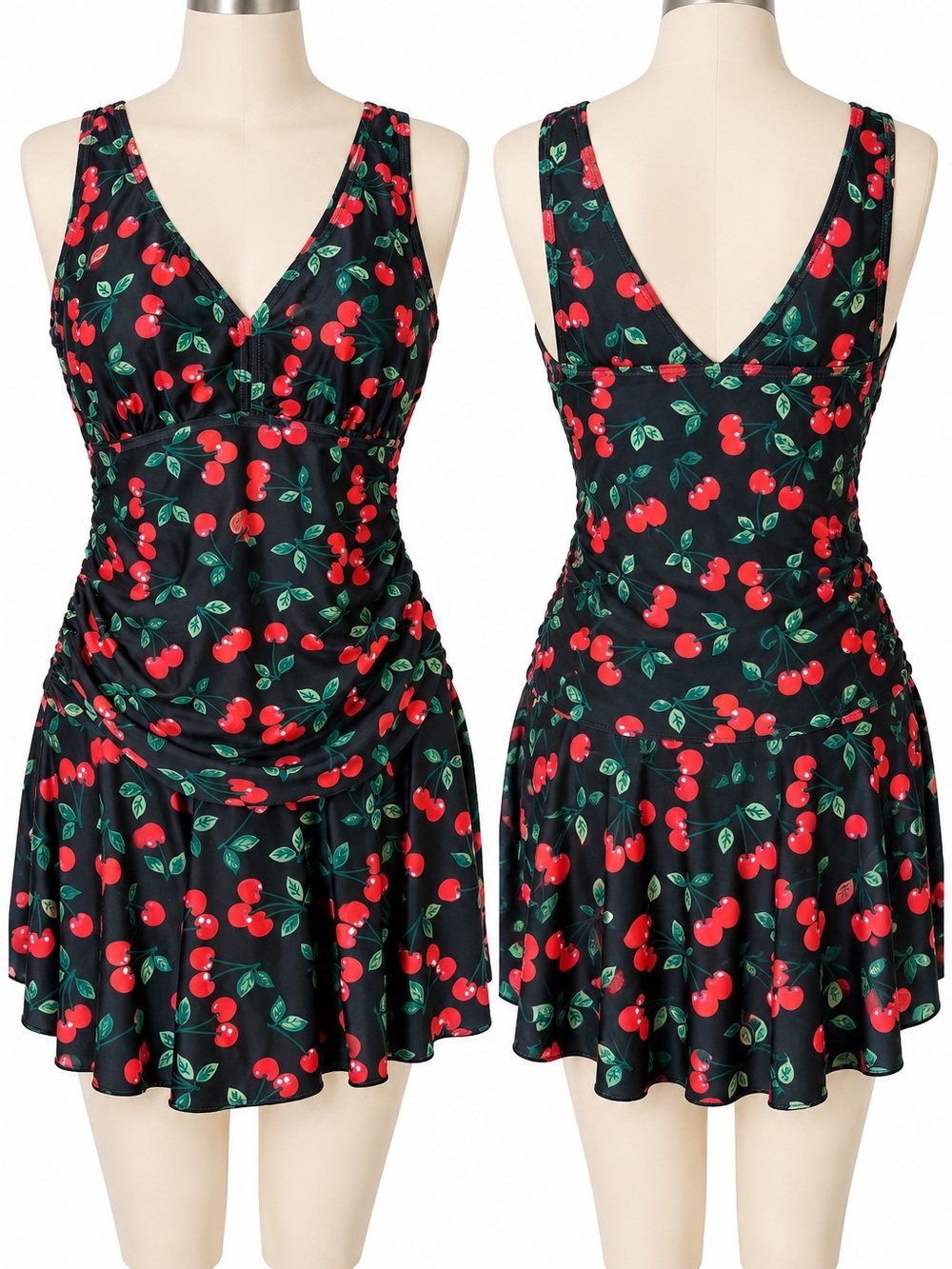 Women’s XL Cherry Print Swim Dress One Piece Swimsuit Ruched Skirted Retro Pinup